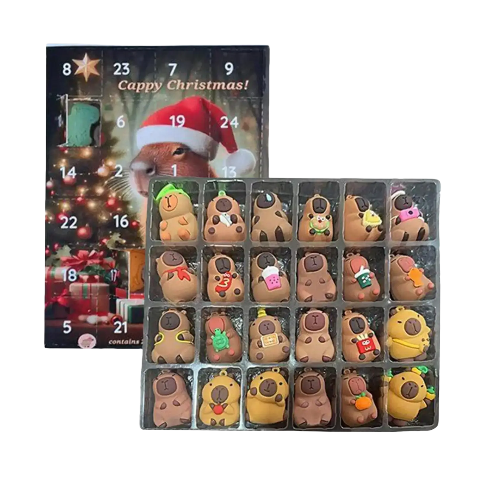 Un calendario de cuenta atrás de capibara encantadora que presenta 24 compartimentos numerados, cada uno con un pequeño juguete de peluche con cuerpos marrones y color canela, ojos y narices negros, dispuestos en una cuadrícula.