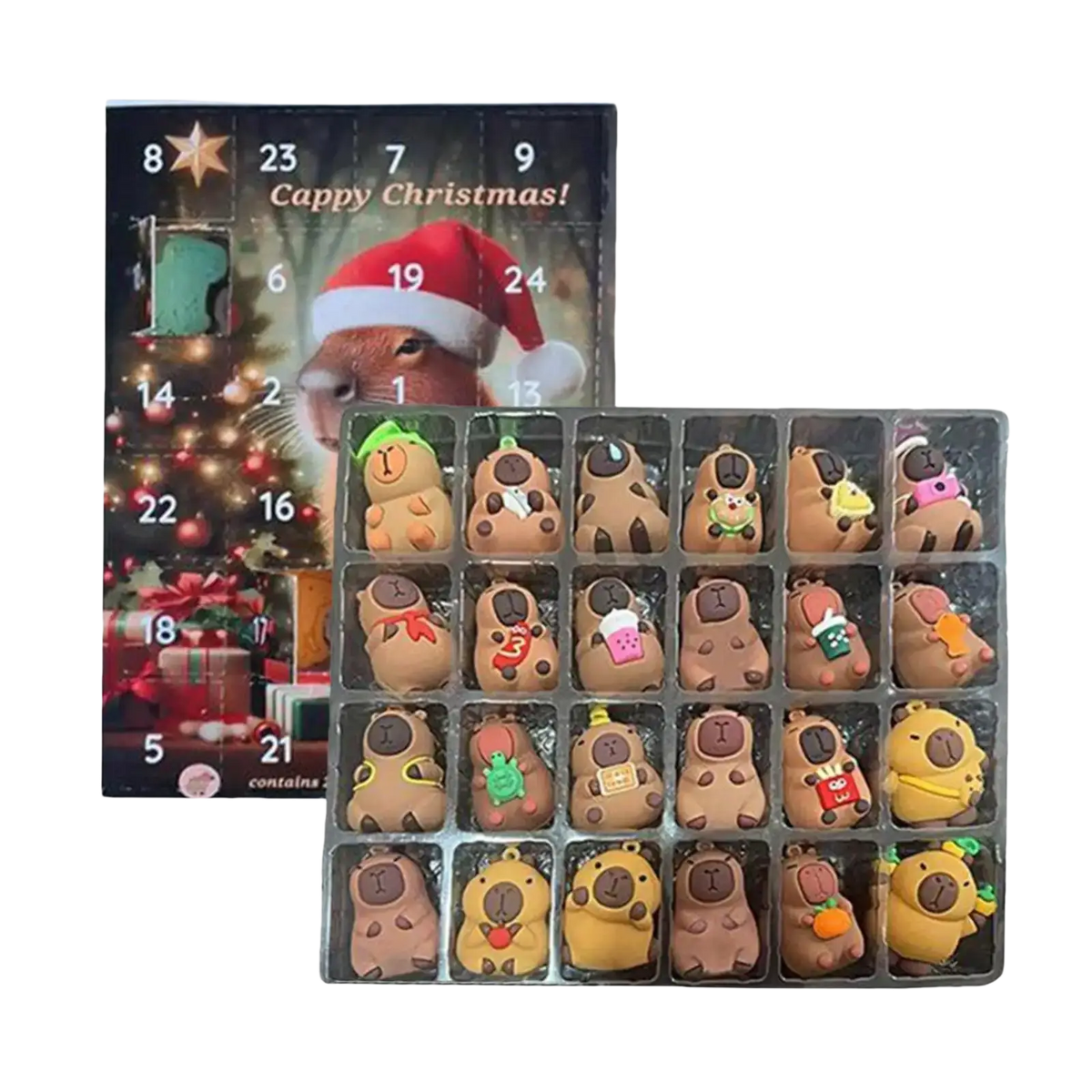 Capybara advent calendar with 24 brown and yellow cute capybara figurines for countdown calendar and unwavering seasonal joy