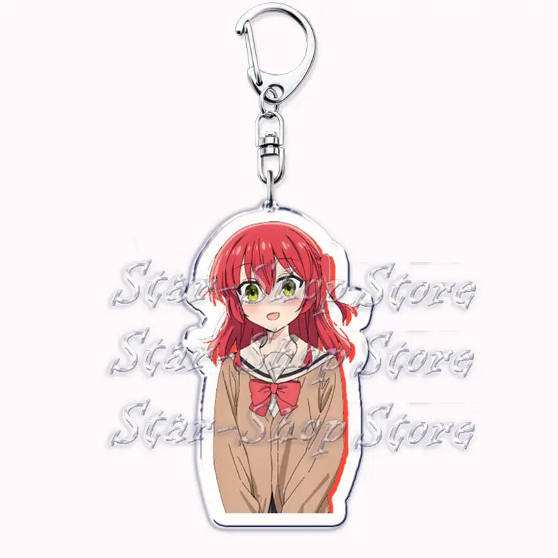 Red-haired anime girl keychain with green eyes and beige school uniform featuring a red bow set in clear acrylic from the anime character acrylic keychain Bocchi the Rock.