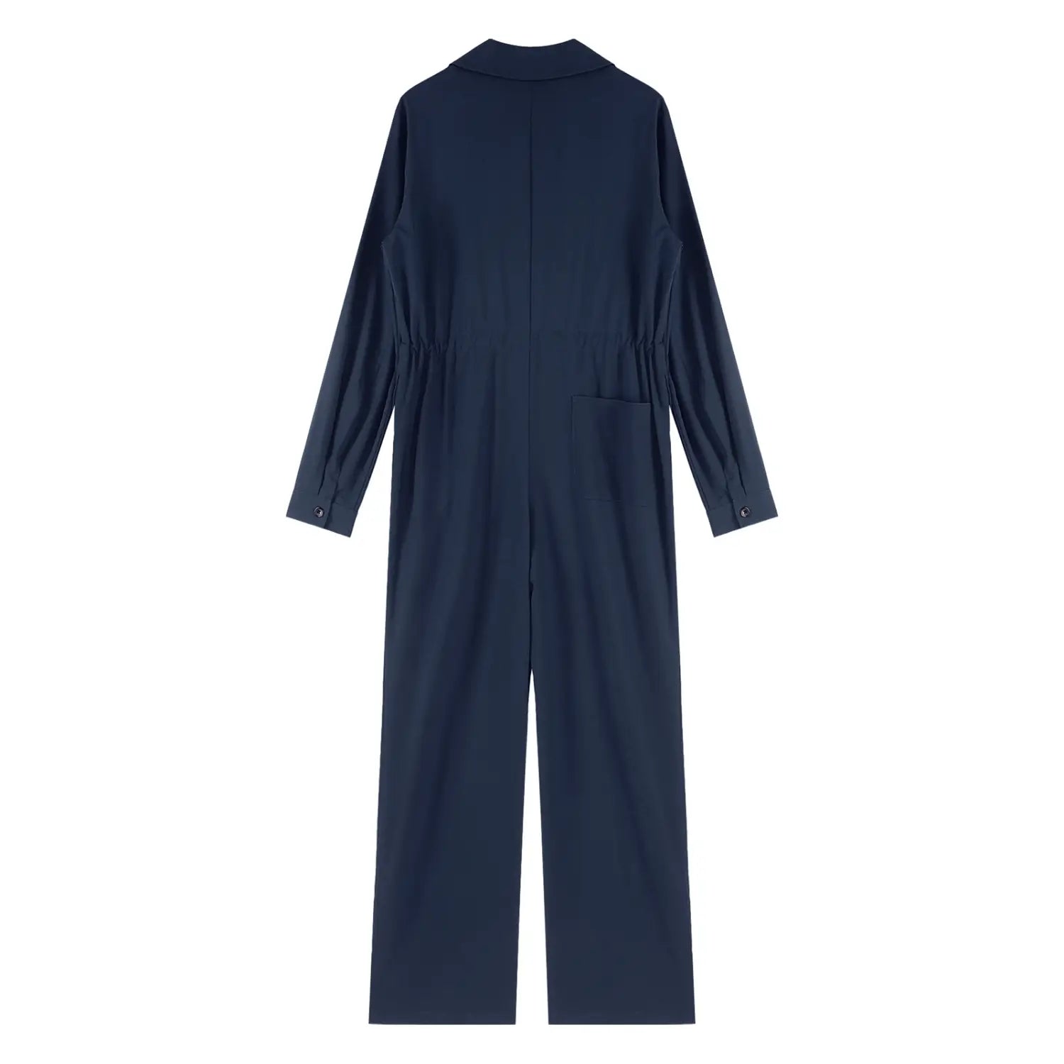 A navy blue long-sleeved casual jumpsuit with a collar and side pockets made from comfortable material for everyday wear.
