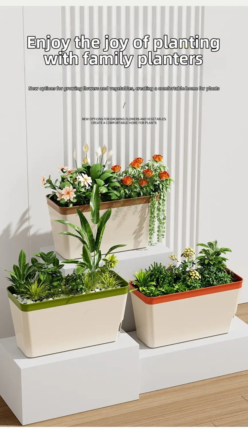Bacs rectangulaires d’arrosage automatique beiges avec des accents de bordure verte, orange et brune, comprenant une fenêtre de niveau d’eau conçue pour les plantes d’intérieur