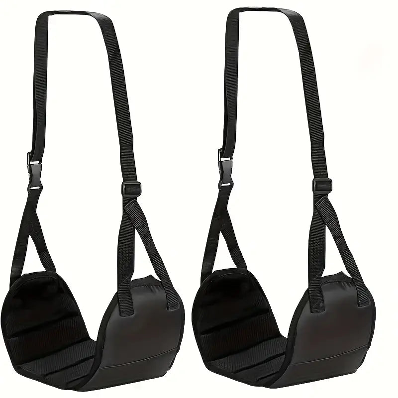 調節可能なストラップとパッド付き支持を備えた黒色の布製の立位用フレームで、飛行機のフットレストとしての調節可能なトラベルハンモック脚用レストとして設計されています。