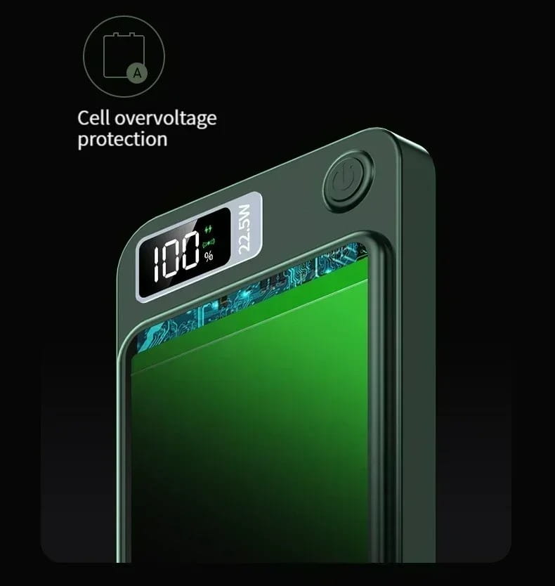 Chargeur d’alimentation magnétique rectangulaire vert foncé avec affichage numérique indiquant 100 pour cent de batterie et une sortie de 22,5 W, avec circuits visibles et bouton d’alimentation mettant en avant des fonctions de sécurité avancées pour une charge sans fil rapide