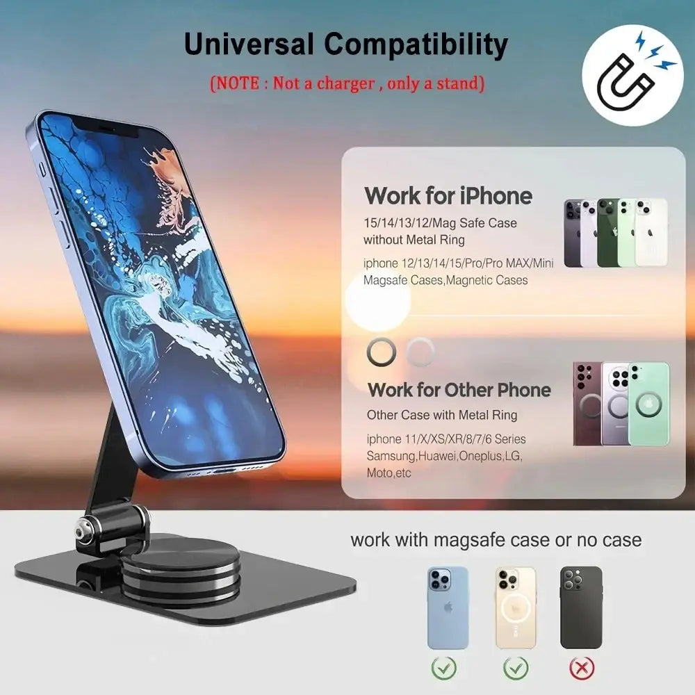 Black magnetic phone stand with folding design and 360° rotation shown front view for pro max models