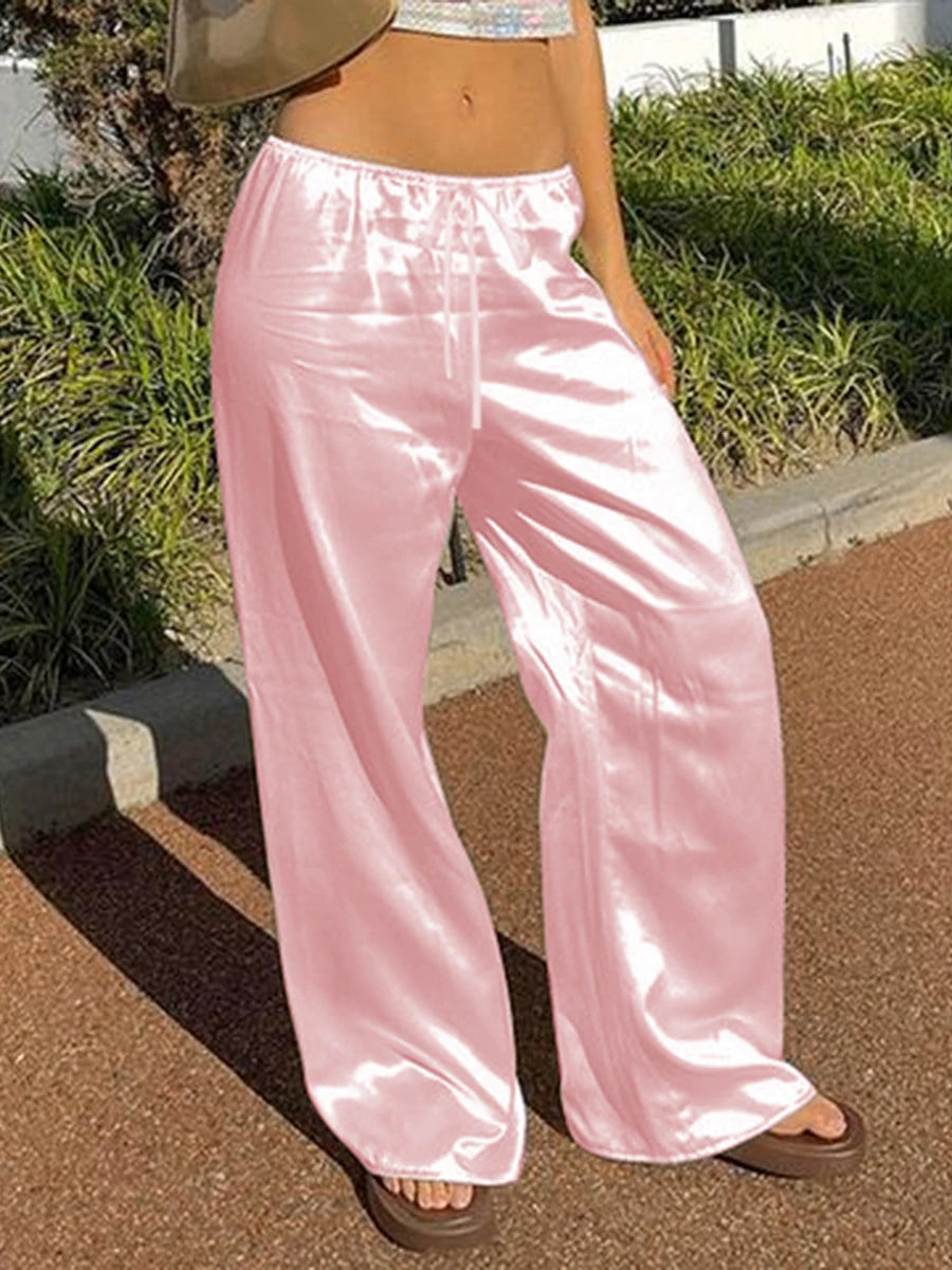 Chic Satin Wide Leg Dress Pants Women's Stylish Elastic Waist Loose Fit Long Trousers for Streetwear Work Solid Color