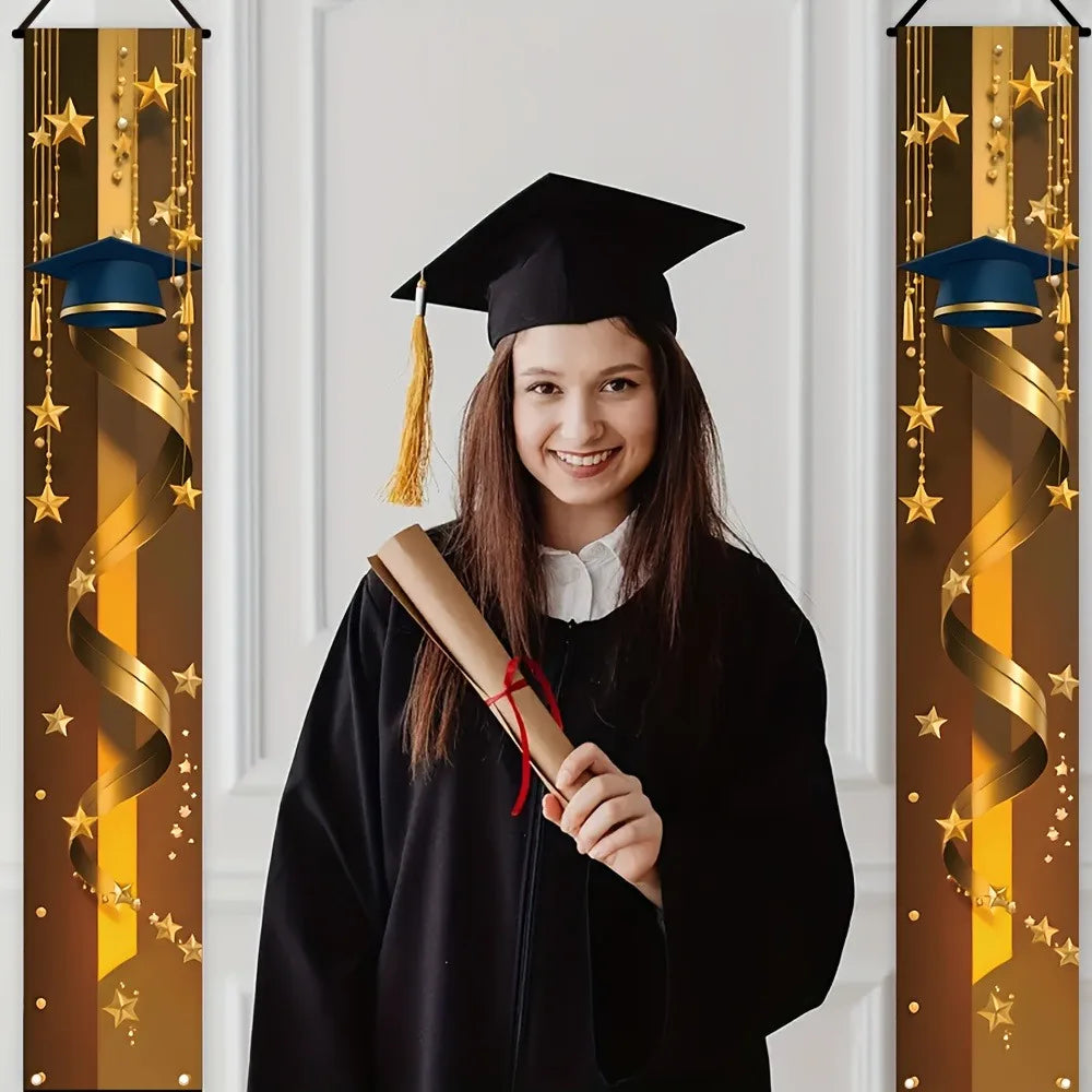 Graduation Porch Banner, Blue Gold Grad Cap & Star Curtain for Class of 2026 Graduation Party Front Door Decor