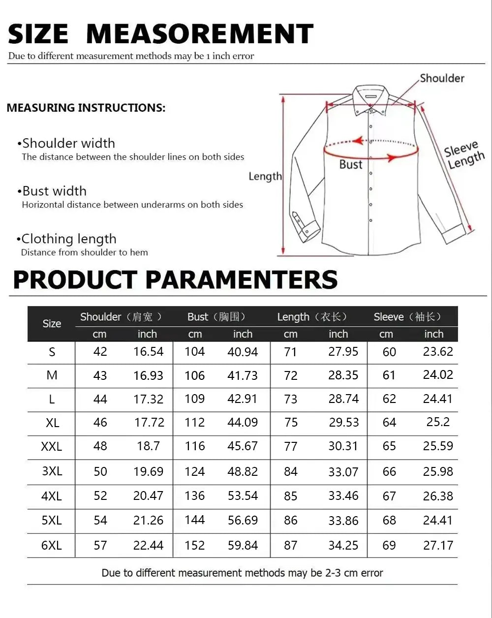 White button-up long sleeve shirt for men with a classic collar and precise size measurements displayed.