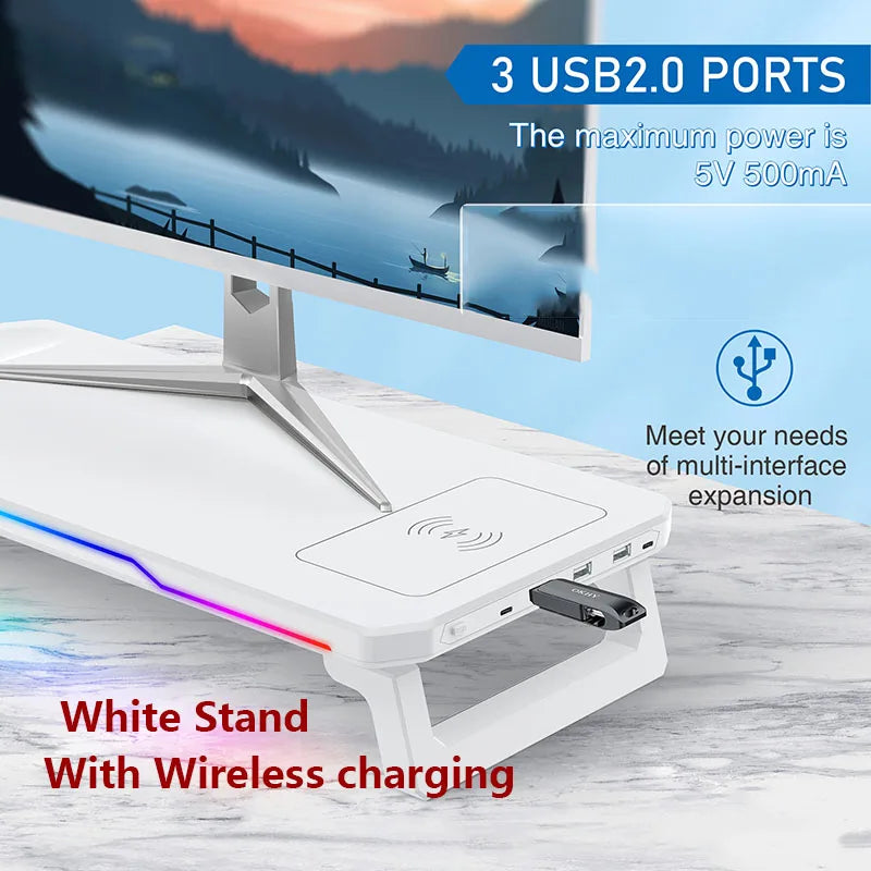 Wireless Charging Computer Stand with RGB Light Monitor Stand Office Docking Station Multifunctional Foldable Desktop Organizer