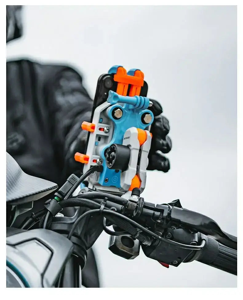 A vibrant blue and orange rugged mechanical motorcycle wireless charging phone mount.