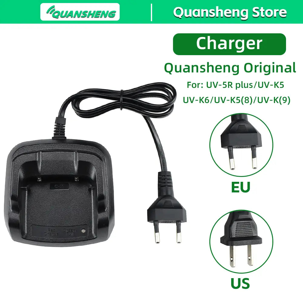 Black plastic Quansheng desktop charger power adapter with coiled black cable, dual plug adapters for EU and US standards, and led indicator