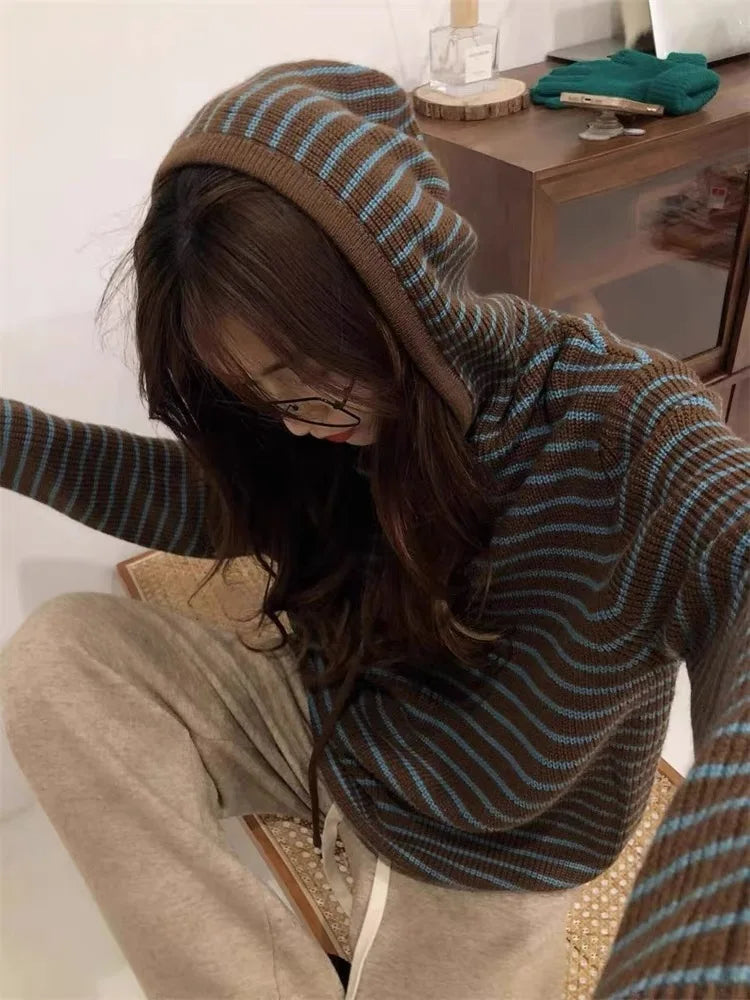 Striped Hooded Sweaters For Women In Autumn And Winter 2024 Wear High-Grade Lazy Wind Design Knitted Bottoming Shirts