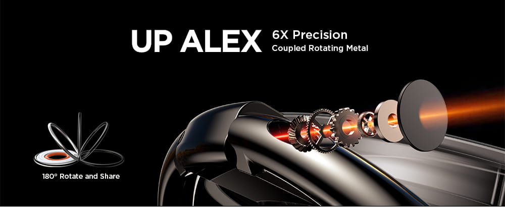 El anillo de sujeción magnético para teléfono negro metálico de precisión up alex 6x presenta engranajes metálicos giratorios acoplados que emiten un resplandor naranja como característica especial.