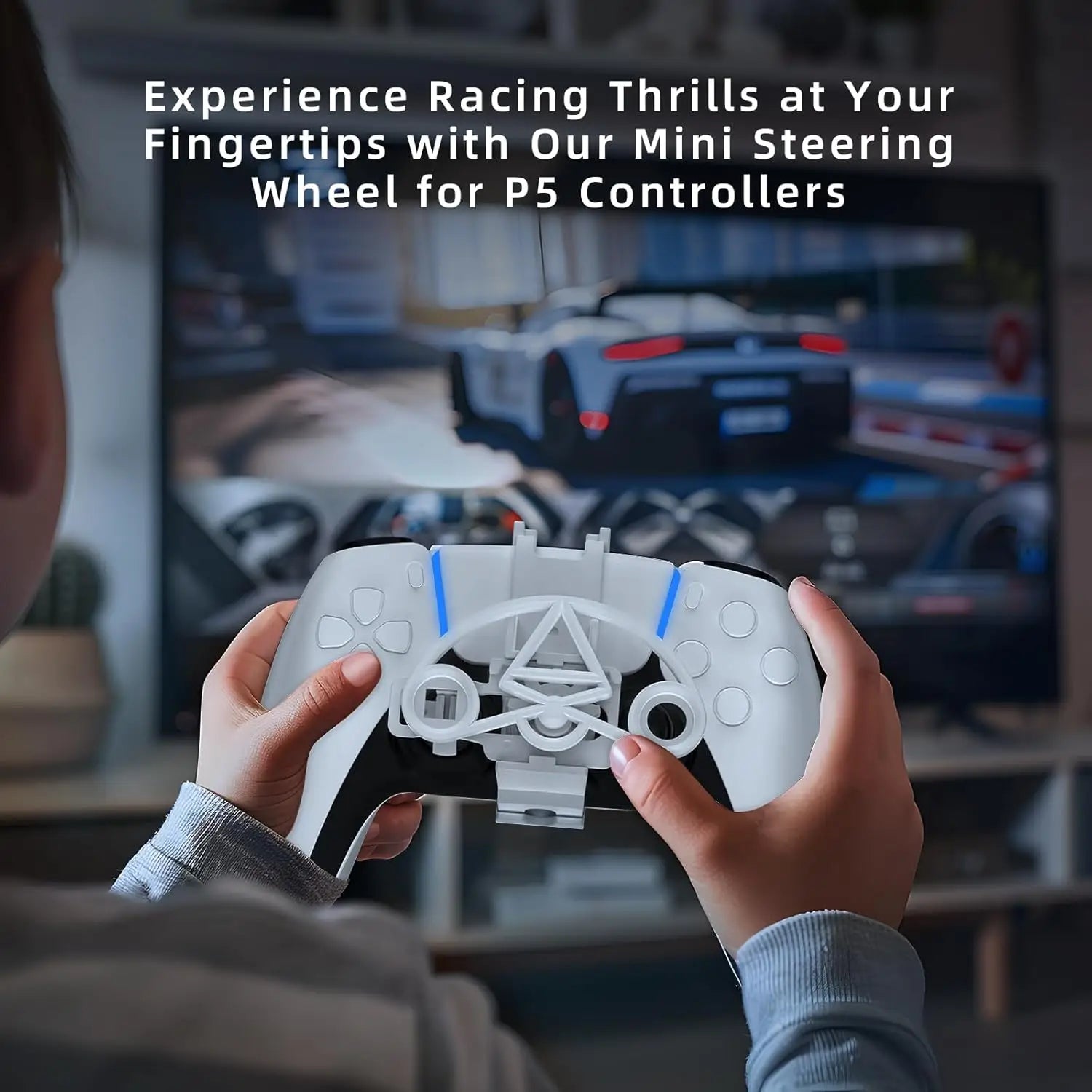 Accesorio de volante de carreras mini para PS5 en blanco y negro con líneas de acento azules, diseñado para mandos de la consola PlayStation 5.
