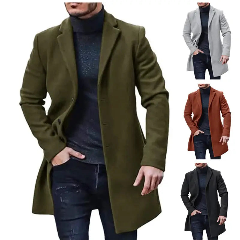 Abrigo largo de lana color verde oliva para hombres, con solapa tipo muesca clásica y cierre con botones, diseñado como chaqueta de invierno de color sólido.