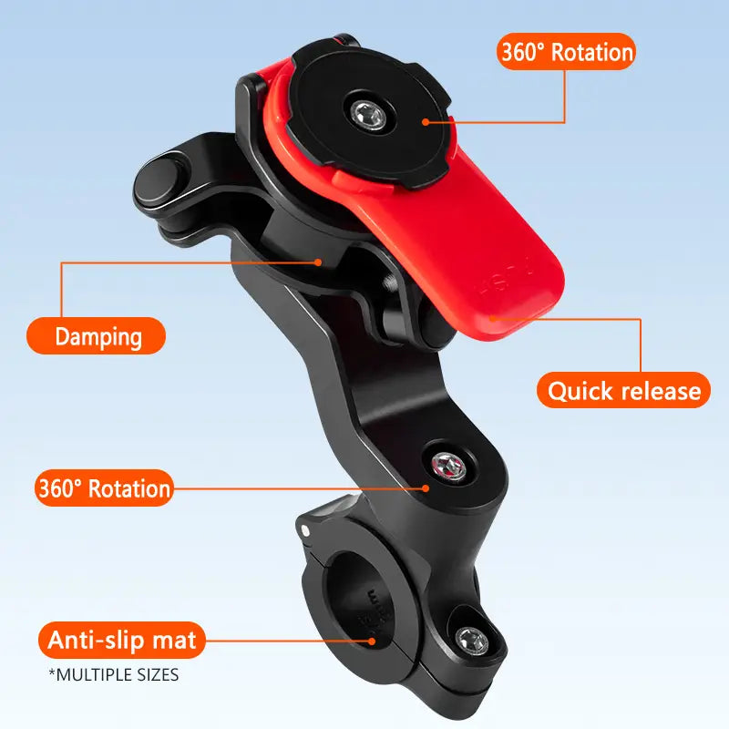 Black and red magnetic bike phone mount for handlebar with 360-degree rotation, quick release mechanism, damping feature, and anti-slip mat.