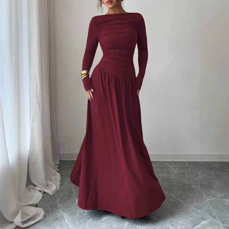 Elegant Women's Formal Dresses Modest Boat Neck Solid Color Long Sleeve Ruched Flowy Maxi Dress for Daily Evening Party Wear