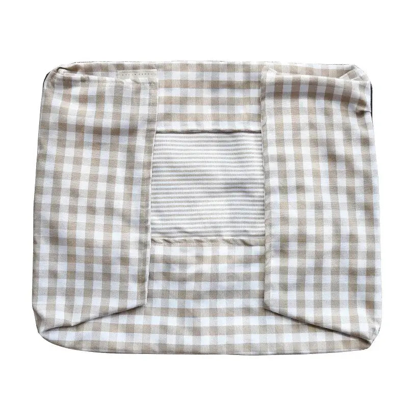 Beige and white gingham check cushion cover with a central striped fabric panel for plush gingham check pet bed cotton dog sofa.