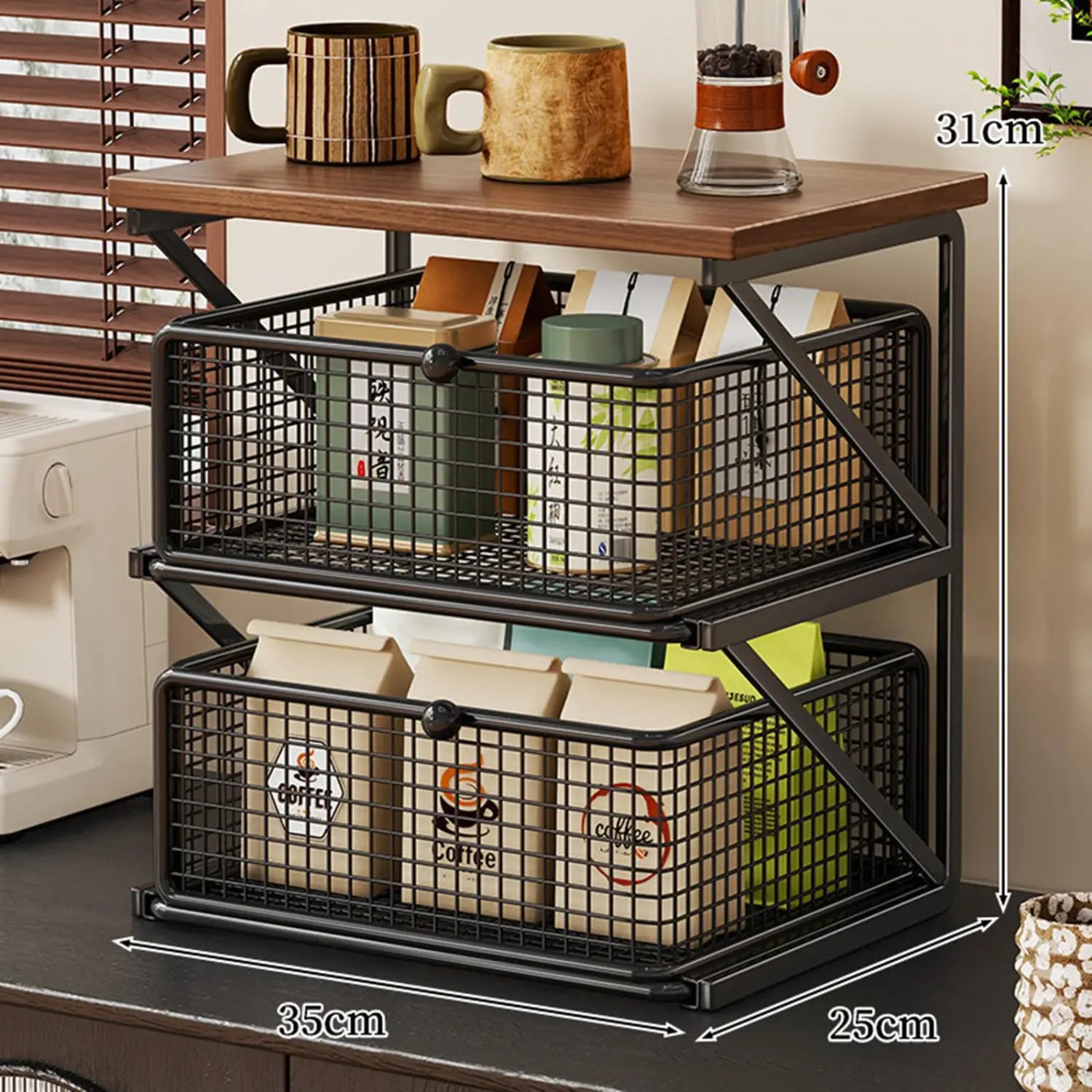 black metal wire mesh two-tier station organizer with wooden counter shelf and drawer designed as a coffee station organizer