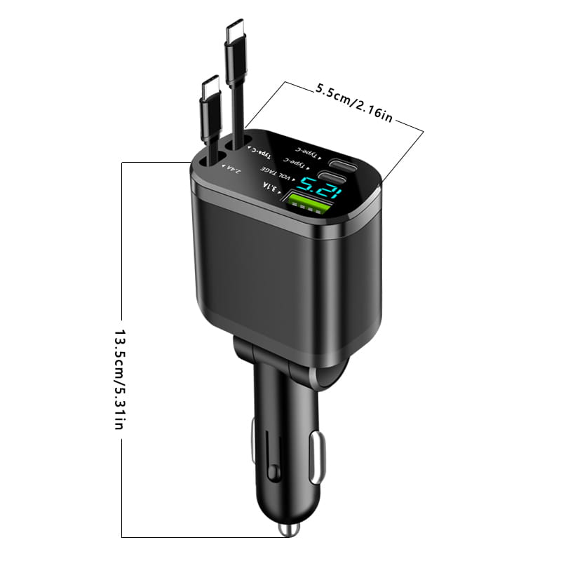 Black 5-in-1 fast retractable car charger with multiple USB ports and a digital display showing charging voltage.