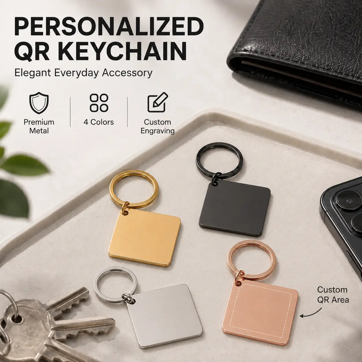 Square-shaped premium metal custom qr code keychain with a sleek finish available in gold black silver and rose gold as a personalized engraved gift.