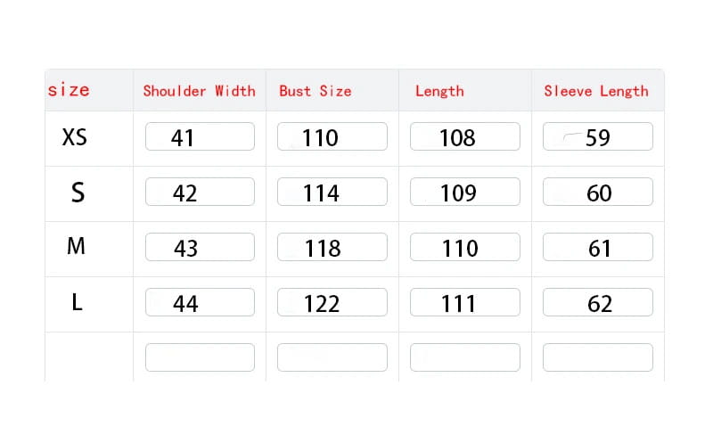 Size chart for a women wool blend double breasted coat in beige showing measurements in centimeters from size xs to l.