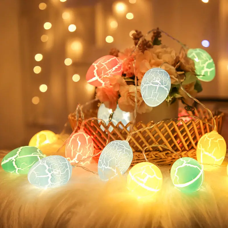 string of crackled pastel egg-shaped led lights complementing the 35cm straw easter rabbit figurines set.