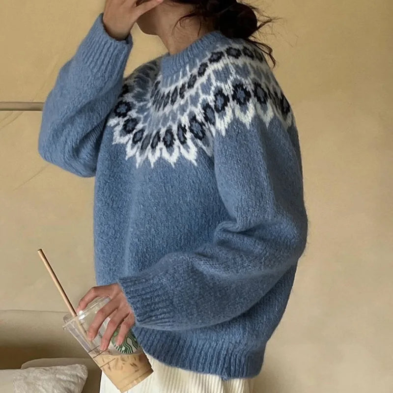 2025 New Autumn and Winter Cross-border Ethnic Style Long-sleeved Round-neck Fair Isle Sweater