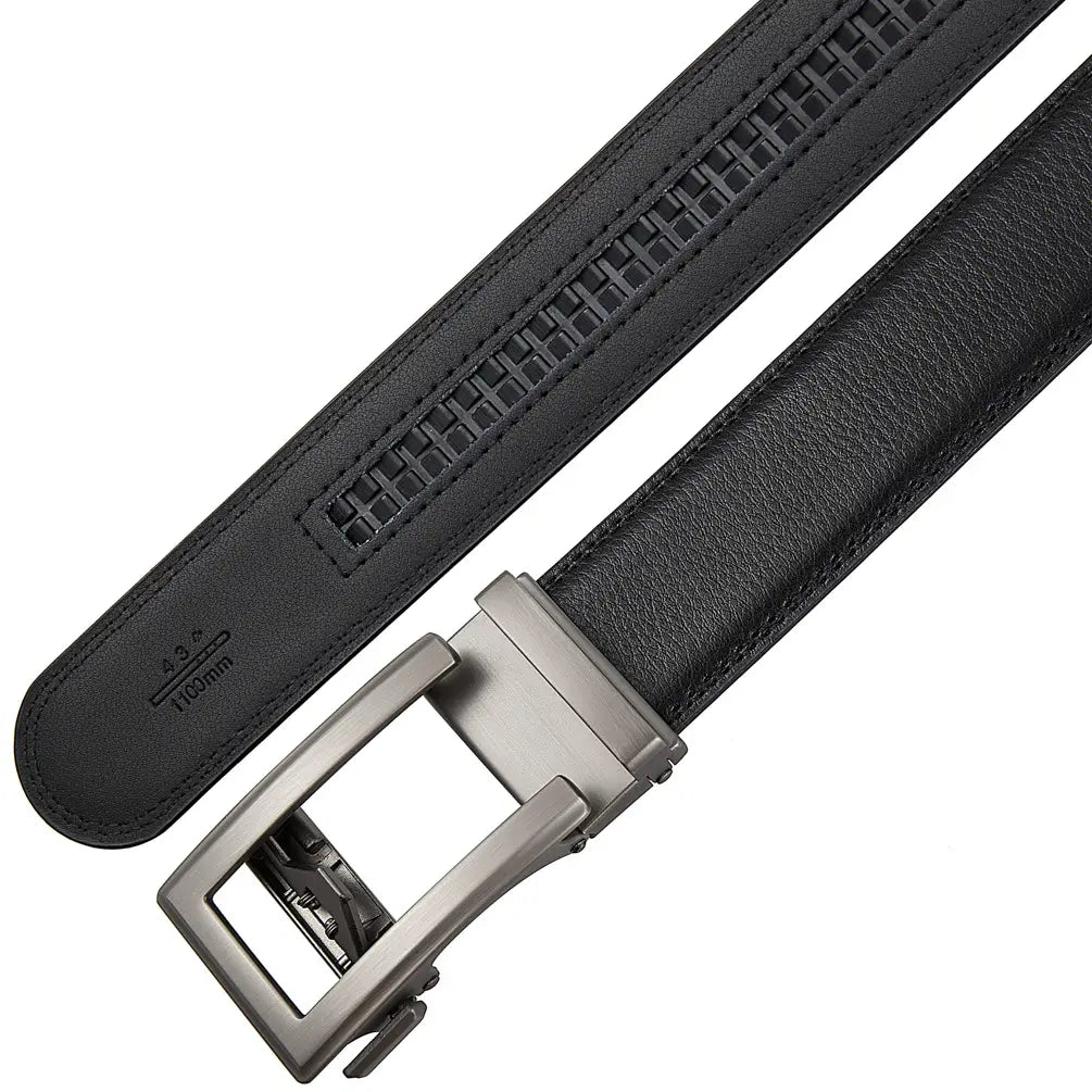 Mens automatic leather belt with a black textured woven strap and a sleek silver-toned automatic buckle.