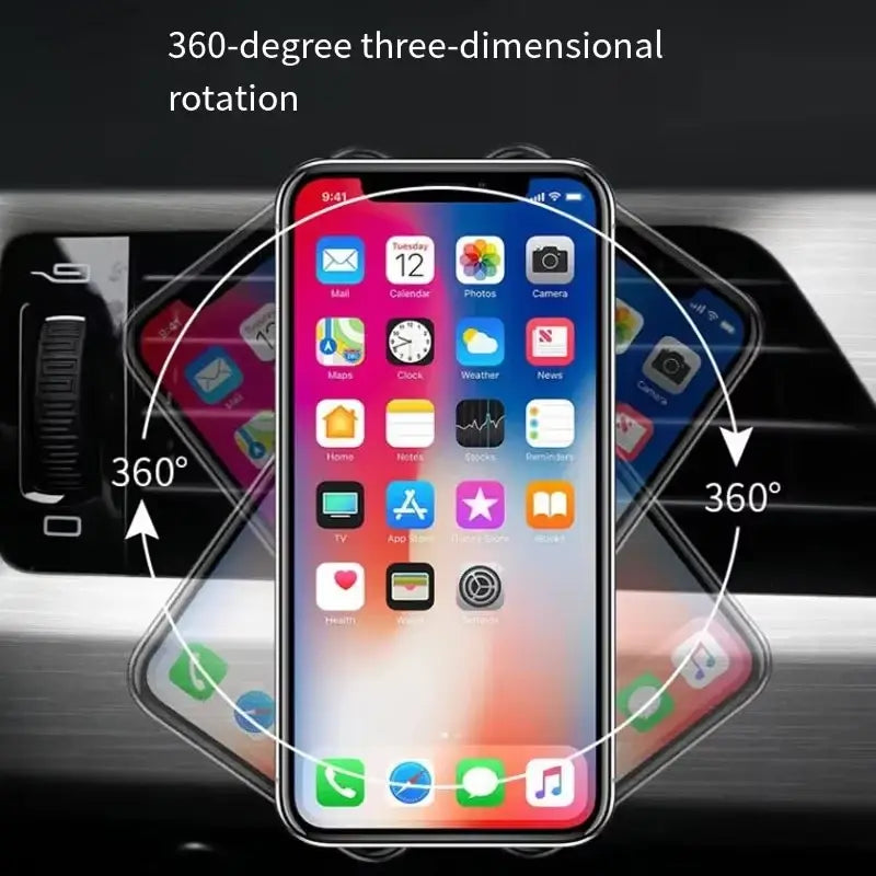 A sleek black magnetic phone stand with metal plates shown in 360-degree rotation suitable for gyms and vehicles