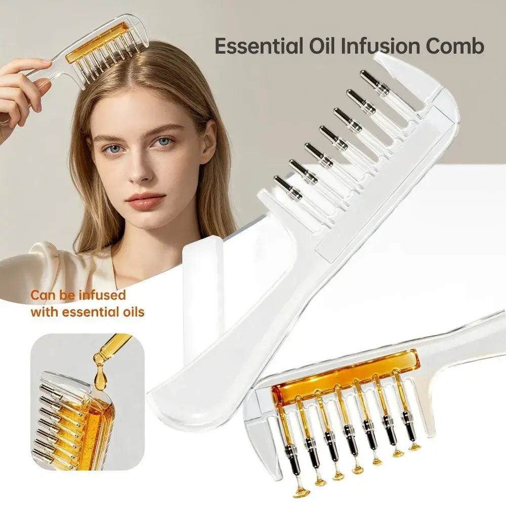 透明な歯を備えたホワイトのエッセンシャルオイル浸透ヘアコーム。ゴールド仕上げの先端アプリケーターを採用し、頭皮マッサージャーおよび液体塗布用アプリケーターとして設計されています。