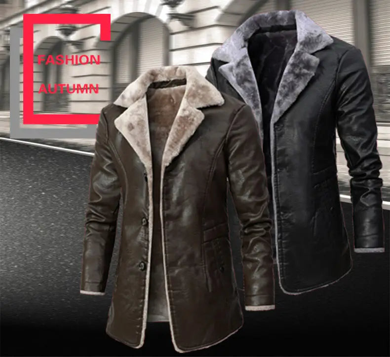 abrigo de gabardina de cuero para hombre con forro de vellón, chaqueta de invierno, en cuero marrón con cuello de borreguillo esponjoso de color claro y ribetes
