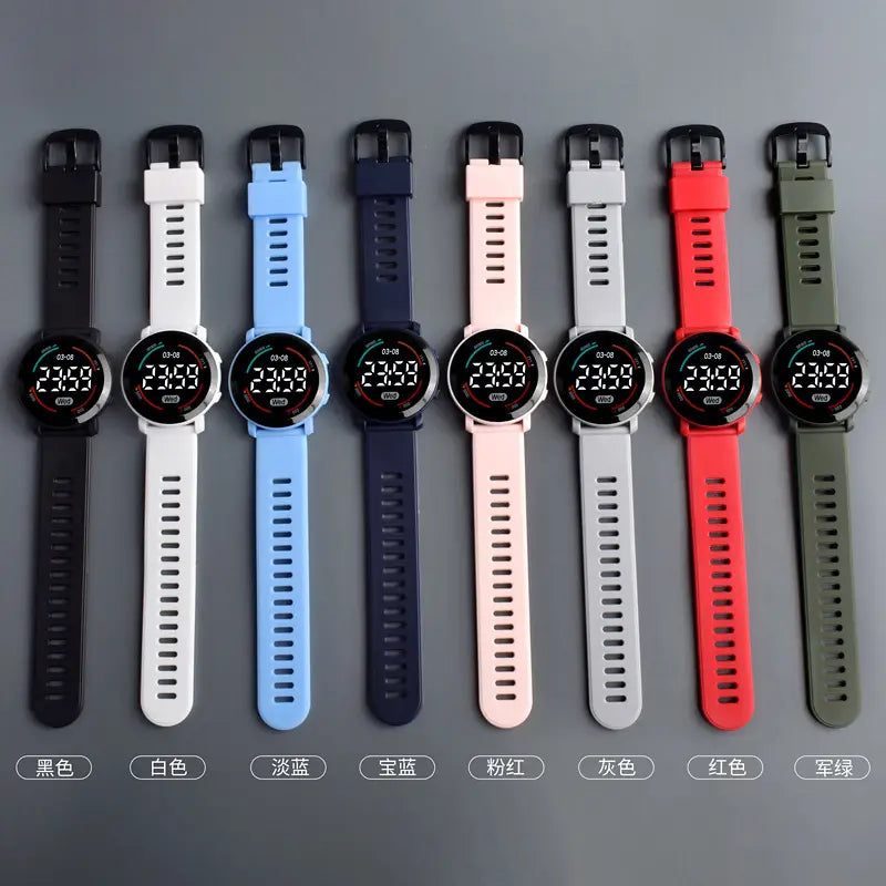 A collection of girls digital sports watches featuring waterproof led wristwatches in black white light blue navy pink gray red and military green.