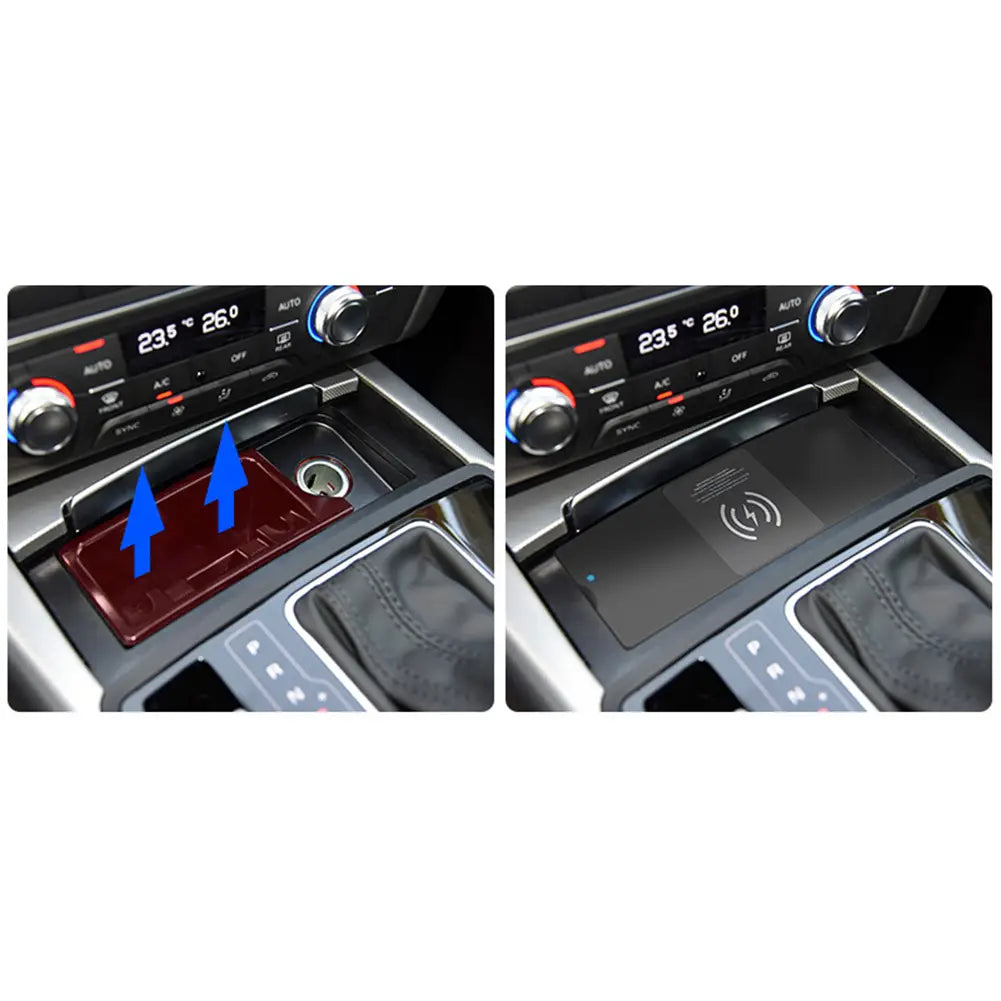 Black Audi A6 A7 wireless car charger pad with 15w fast charging, featuring a subtle white signal icon and blue indicator light.