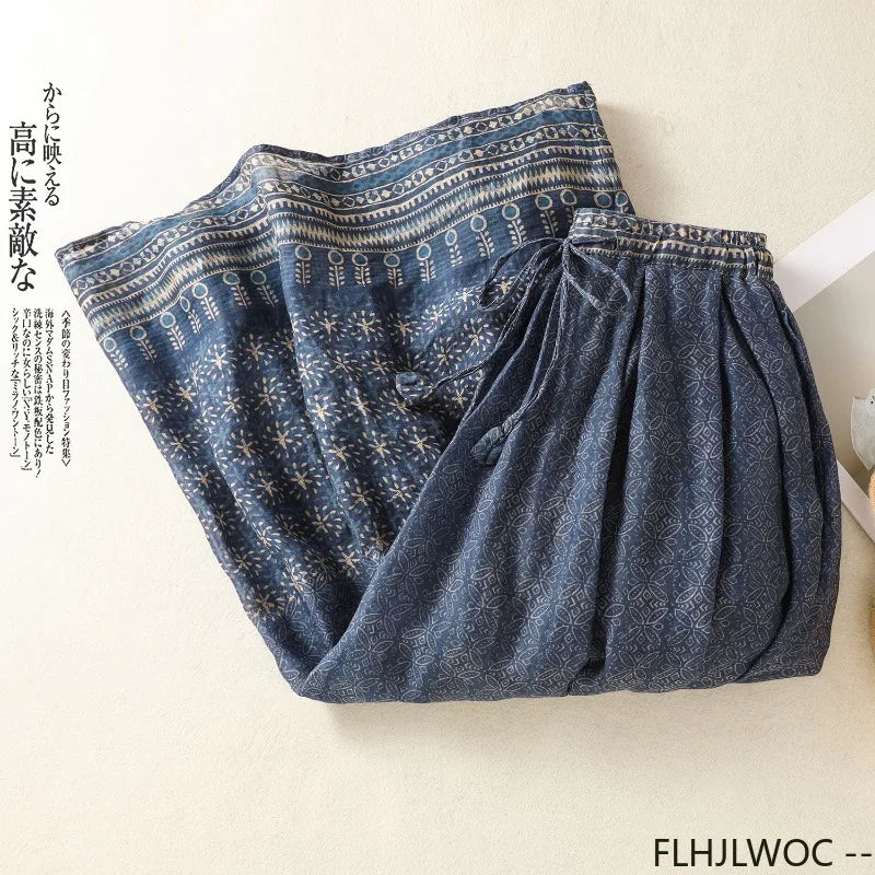 Bohemian Ethnic Style Lined Soft Linen Skirts Retro Vintage Cute Sweet Girls Blue Classic Thai Style Long Maxi Skirt