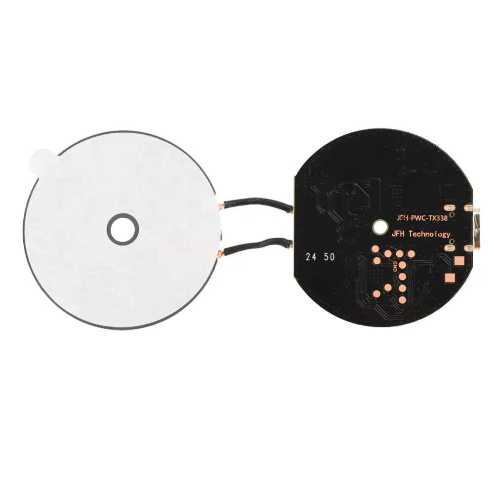 Black circular wireless charging module 20w car PCBA with copper traces gold-plated connectors and white adhesive backing for automatic recognition and easy attachment.