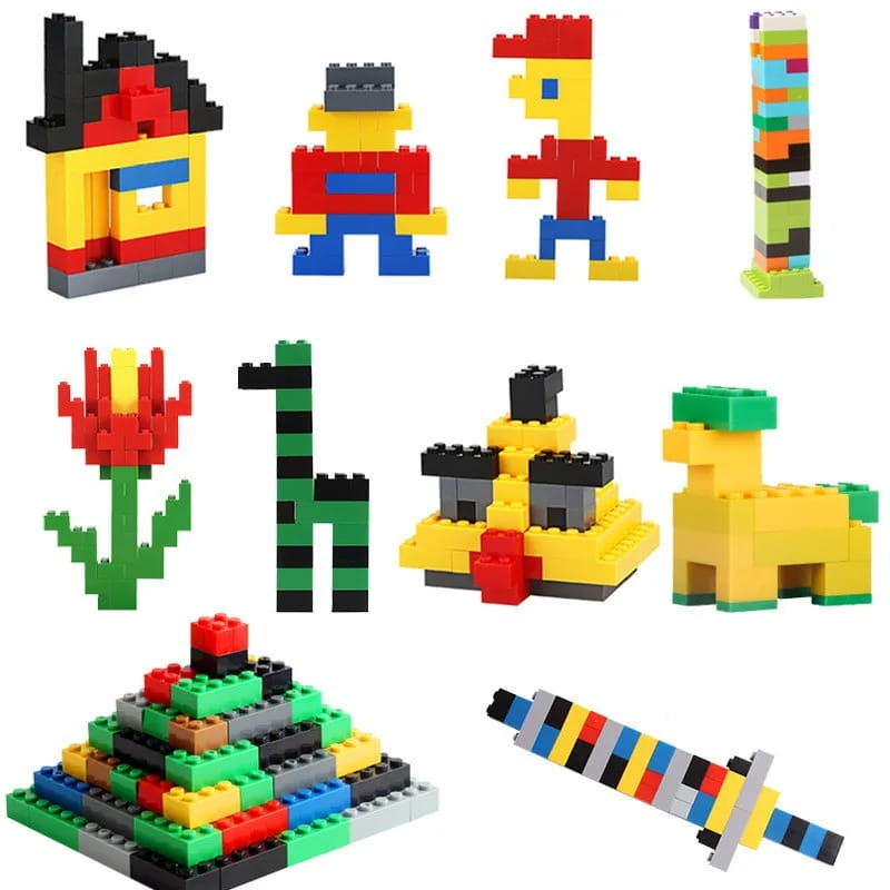 a colorful multi-tiered pyramid made from assorted red green blue yellow black and gray lego bricks showcasing a diy creative building blocks bulk set for kids