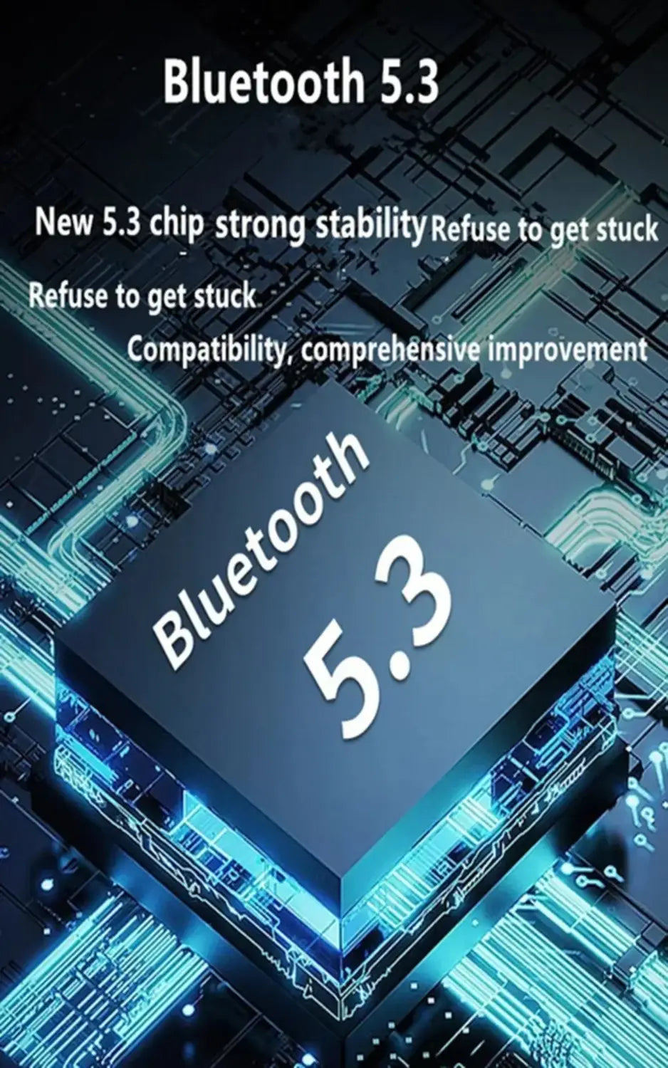 Schwarzer Bluetooth-5.3-Chip mit leuchtenden blauen Schaltungsakzenten und weißer Typbezeichnung auf der Rückseite der leichten wasserdichten Sport-Ohrhörer mit Ohrclip für leichte Business-Nutzung
