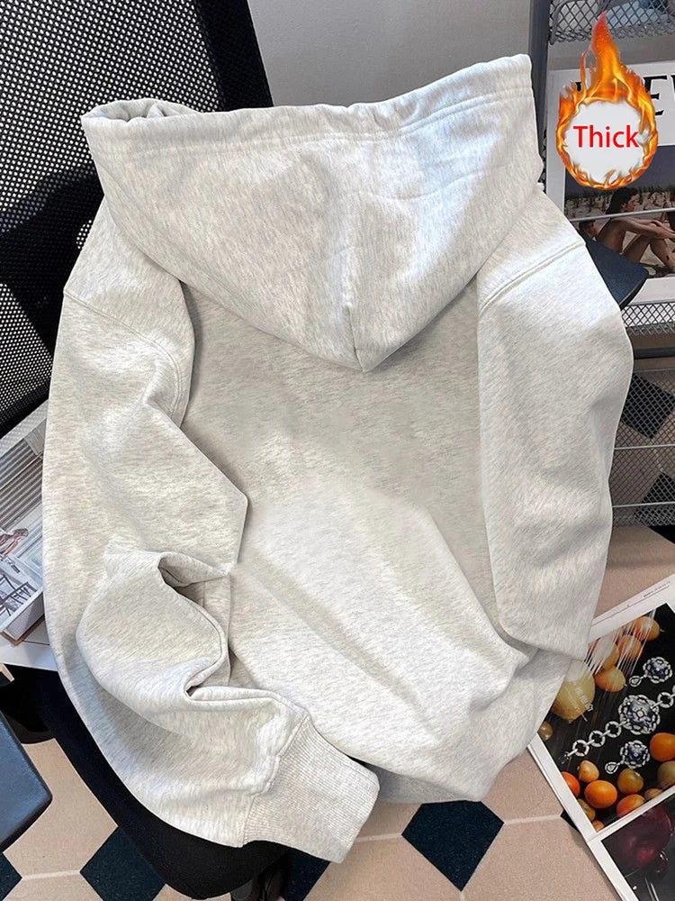 Women Cute Print Hoodies Winter Thick Warm Loose Preppy Style Kawaii Sweatshirts Casual Long Sleeve Female Sweet Zipper Chic Top