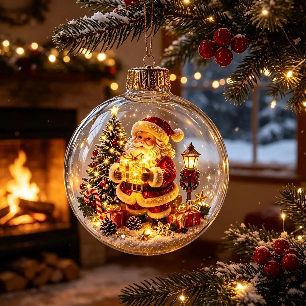 Eine leuchtende transparente Glas-Globus-Weihnachtszierkugel zeigt eine detaillierte Weihnachtsmannfigur in Rot und Weiß, die eine Geschenkbox hält, umgeben von miniaturisierten festlichen Elementen wie einem Baum, Zuckerstangen, Geschenken, Tannenzapfen und Sternen.