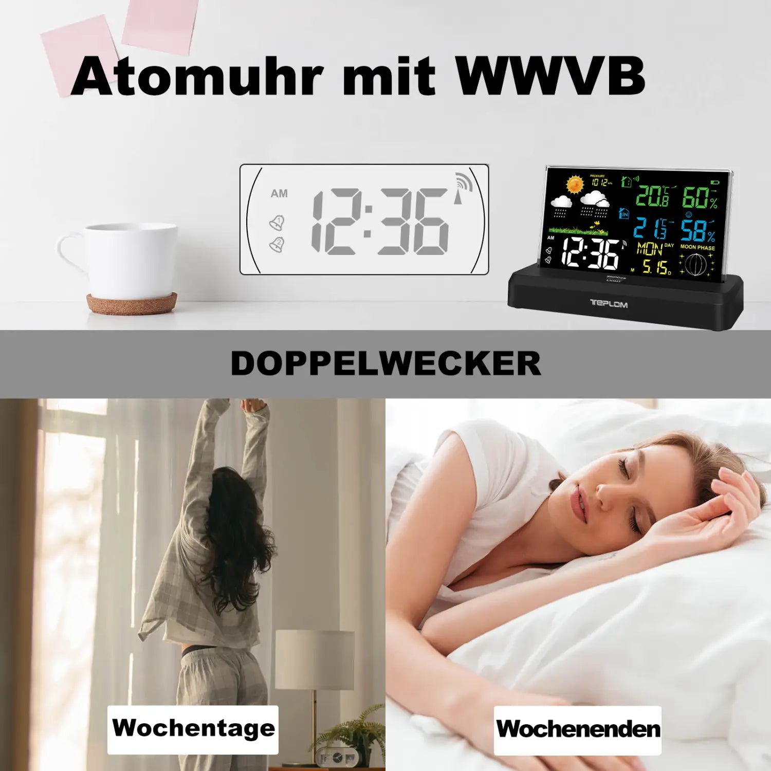 black digital weather station clock branded tsplom with indoor and outdoor temperature display powered by lr6 aaa batteries