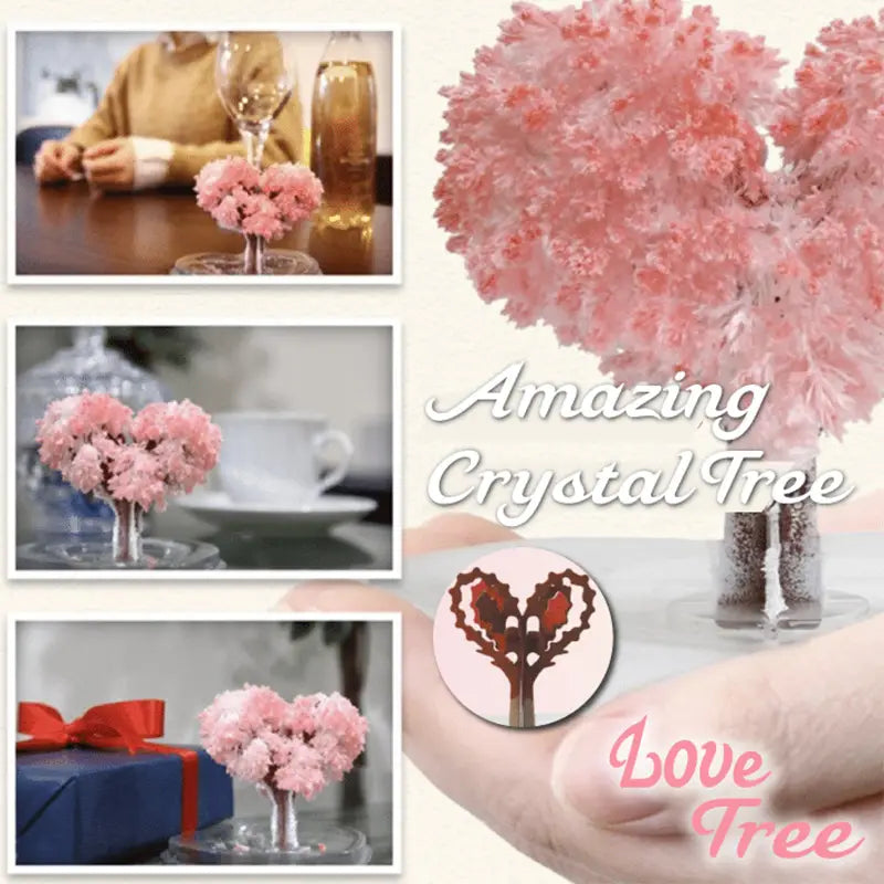 A delicate pink crystal magic growing Christmas tree tabletop toy with a heart-shaped canopy and slender metallic stem designed as an elegant decorative piece.