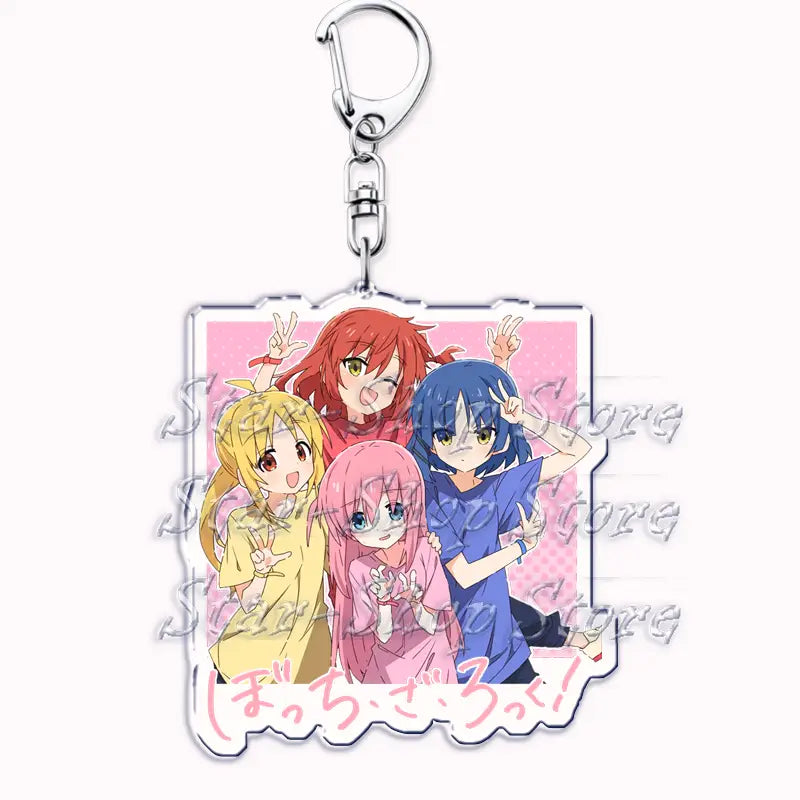 Clear acrylic anime character keychain featuring four vibrant Bocchi the Rock characters with a silver metal clasp.