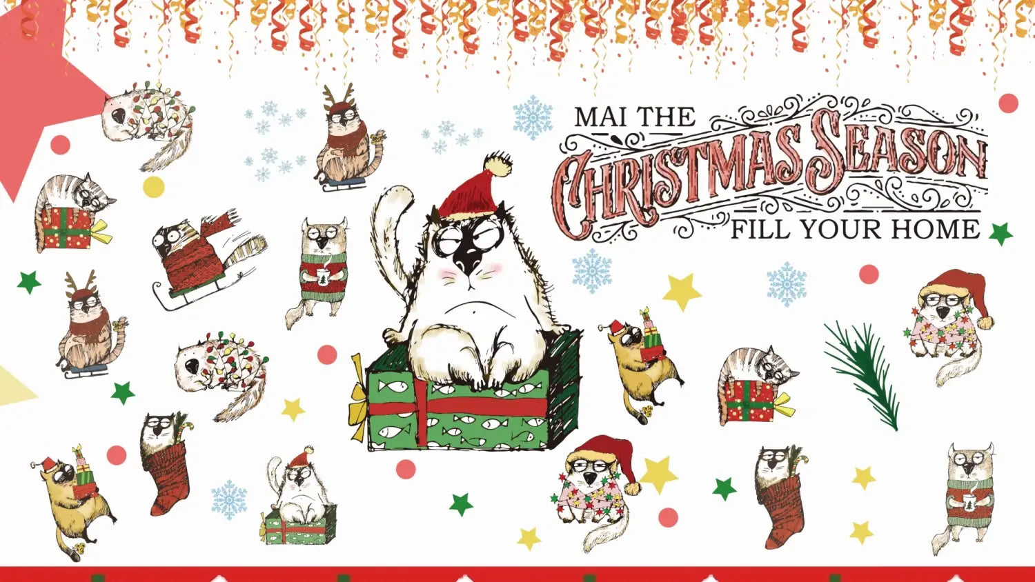 a festive christmas-themed sticker sheet featuring cartoon cats in santa hats and sweaters designed for use with winter animal metal cutting dies for scrapbooking.