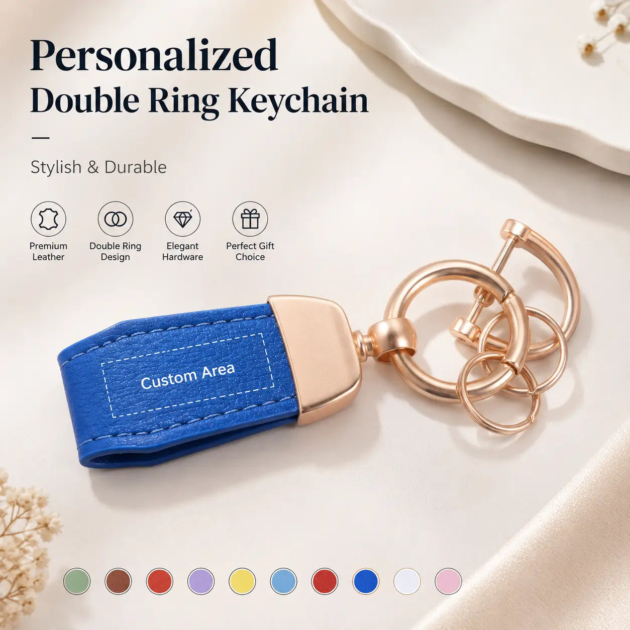 Personalized leather keychain custom engraved key holder featuring a blue premium leather double ring design with rose gold hardware and a custom engraving area.