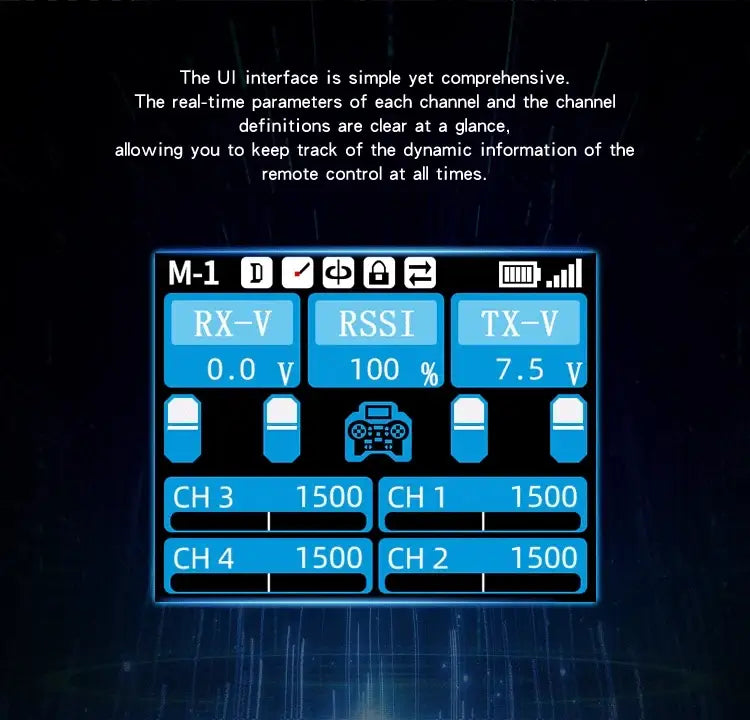blue digital display screen showing remote control channel parameters on the ht-8a 8ch remote control transmitter kit with power supply interface