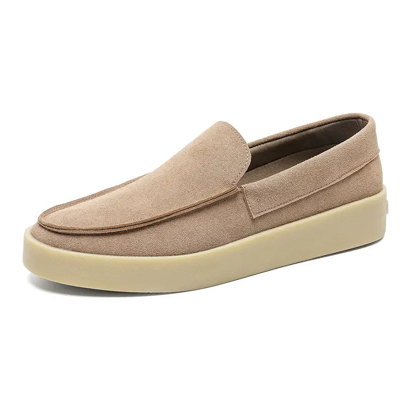 Beige suede slip-on men casual loafers with a thick off-white rubber sole designed for walking and everyday use.