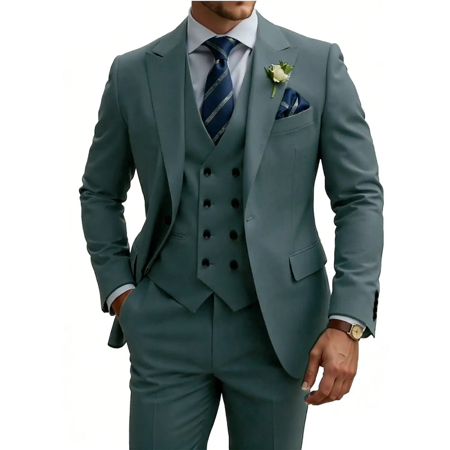 Costume trois pièces beige pour hommes en coupe croisée double boutonnage, avec une veste à revers cranté en teinte bleu-vert taillée, un gilet assorti à cinq boutons noirs et un pantalon assorti.