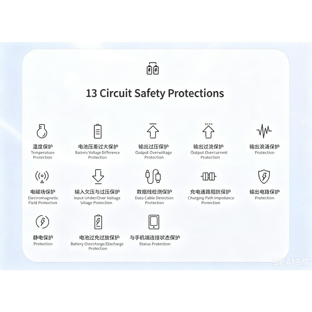 Infografía rectangular blanca en el reverso de un banco de energía de carga rápida de 120 W que detalla 13 protecciones de seguridad del circuito para la seguridad de dispositivos de gran capacidad.