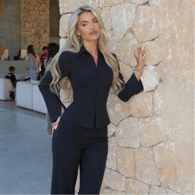 Women Two Piece Suit Set Long Sleeve Fitted Peplum Blazer High Waist Flared Trousers Commuter Business Casual Matching Outfits