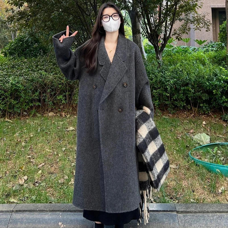 Cozy Wool Blend Women Coat Mid Length Double Breasted Lapel Longline Oversized Classic Timeless Warm Winter Outerwear Top